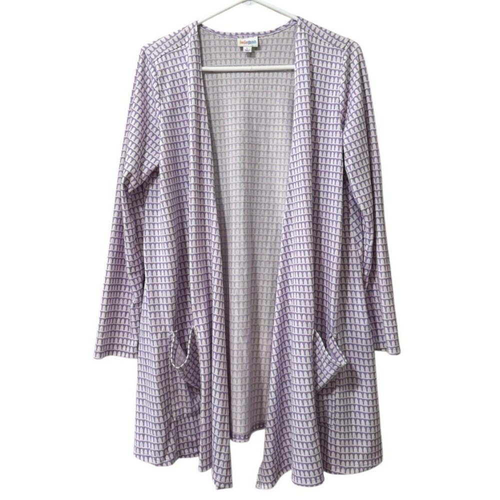 LulaRoe Women Size Large Open Front Cardigan Pockets Purple White Teacher Spring